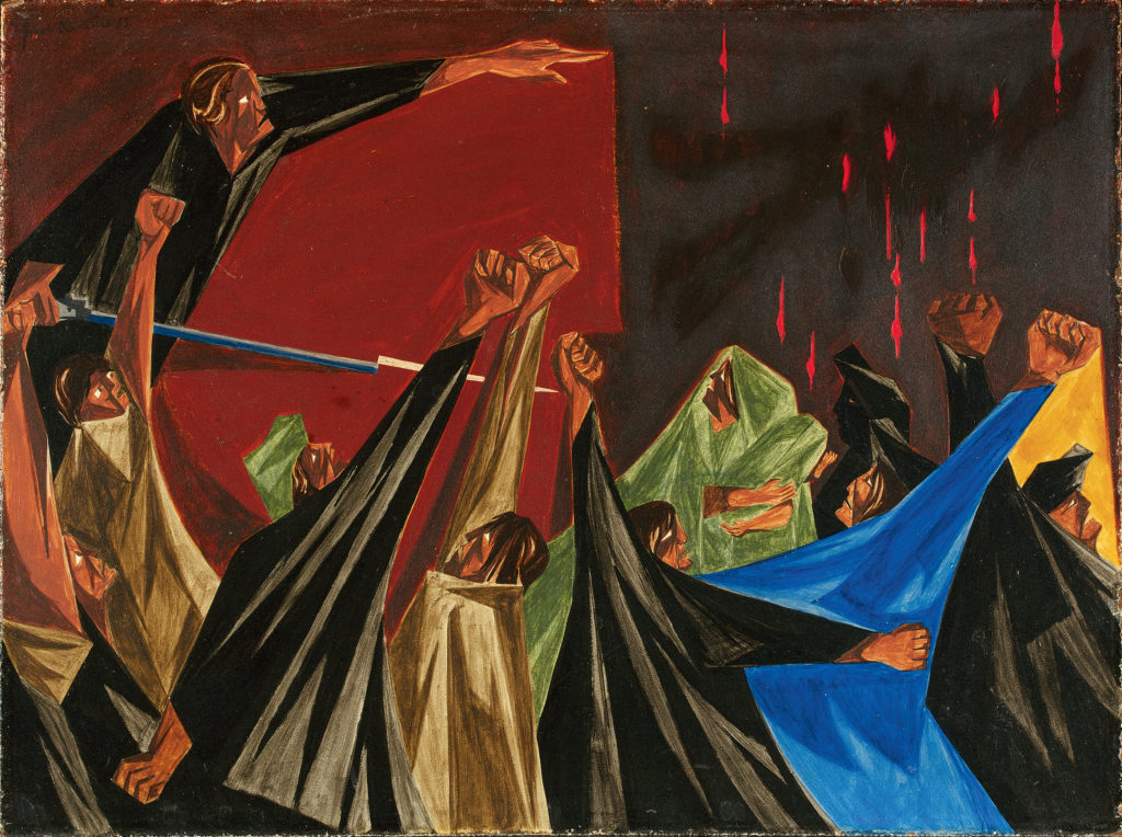 Jacob Lawrence, <i>Panel 1. . . . Is Life so dear or peace so sweet as to be purchased at the price of chains and slavery? —Patrick Henry, 1775,</i> (1955). From "Struggle Series," 1954–56. © The Jacob and Gwendolyn Lawrence Foundation, Seattle/Artists Rights Society (ARS), New York. Photo by Bob Packert/PEM.