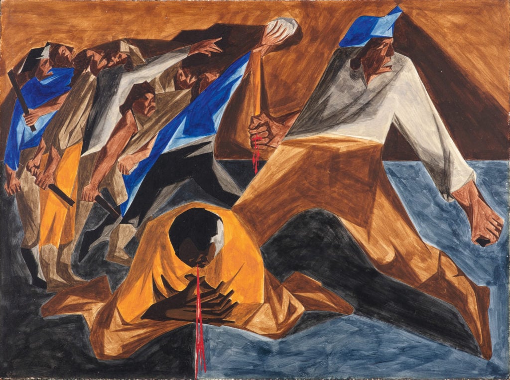 Jacob Lawrence, <i>Panel 2. Massacre in Boston</i> (1955). From "Struggle Series", 1954–56. © The Jacob and Gwendolyn Lawrence Foundation, Seattle/Artists Rights Society (ARS), New York. Photo by Bob Packert/PEM.