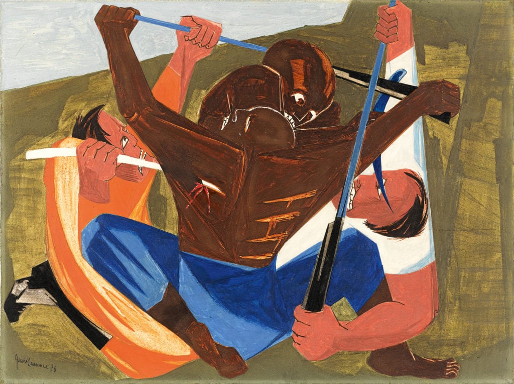 Jacob Lawrence, <i>Panel 27. . . . for freedom we want and will have, for we have served this cruel land long enuff . . . —A Georgia Slave, 1810</i>, (1956). From Struggle Series, 1954–56. © The Jacob and Gwendolyn Lawrence Foundation, Seattle / Artists Rights Society (ARS), New York.