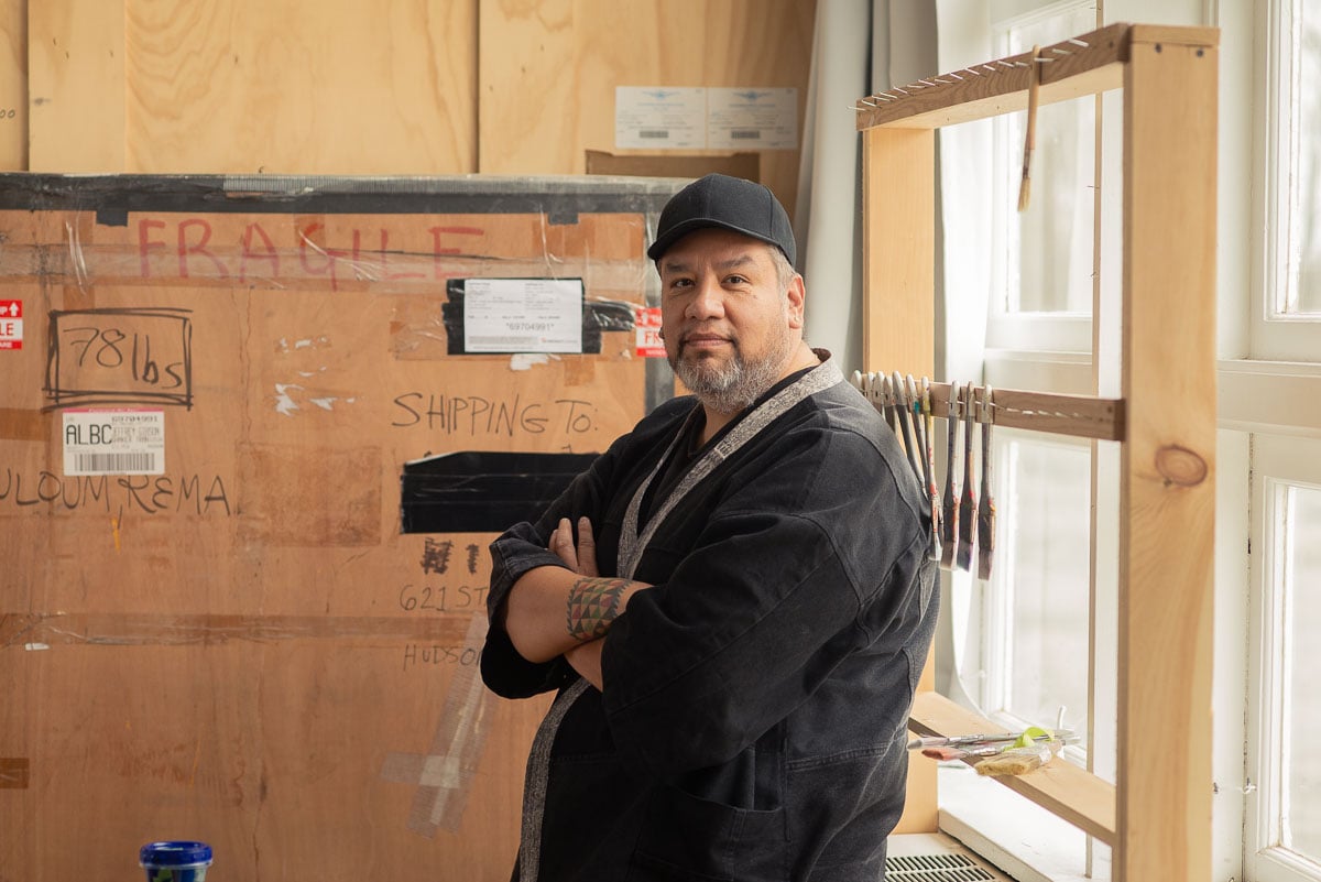 Jeffrey Gibson in his studio, 2020. Photo: Taylor Dafoe.