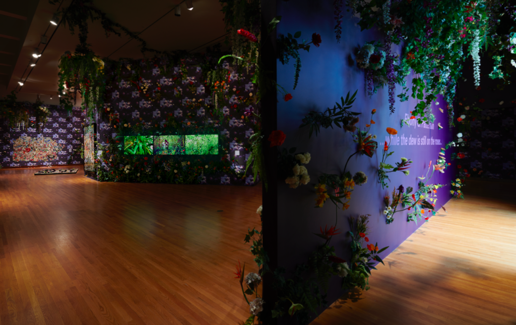 Installation view of “Ebony G. Patterson: … while the dew is still on the roses… “. © Ebony G. Patterson. All work courtesy of the artist and Monique Meloche Gallery, Chicago. Photo by Peter Paul Geoffrion.