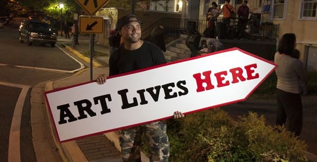 Outside a pop-up gallery in Mount Ranier, Maryland, an event in the Art Lives Here series, a recipient of an NEA Our Town grant. Photo courtesy of Art Lives Here.