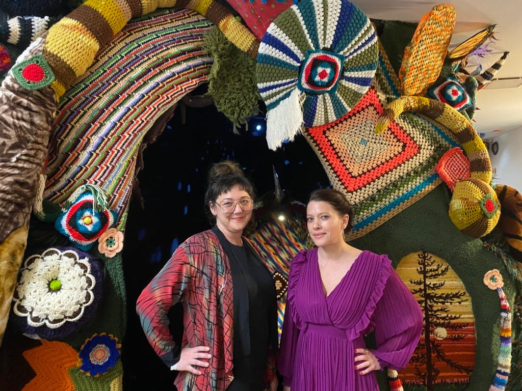 Artist Jeila Gueramian and curator Emily McElwreath with "Jeila Gueramian: Belly of the Beast"  curated by Sidel & McElwreath at at SPRING/BREAK 2020. Photo by Sarah Cascone. 