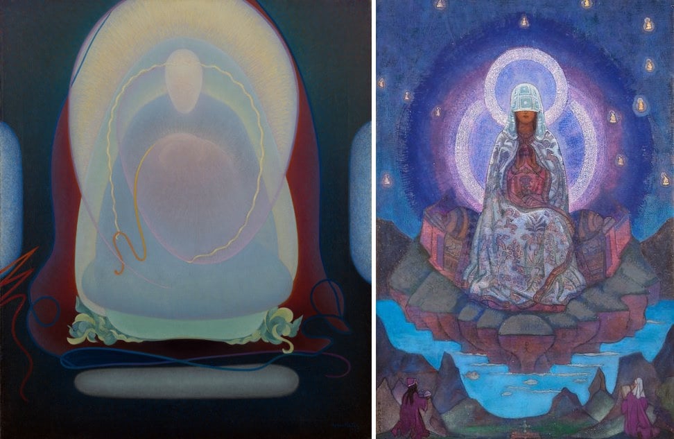 Left to right: Agnes Pelton, Mother of Silence (1933) and Nicholas Roerich, Mother of the World (1924).