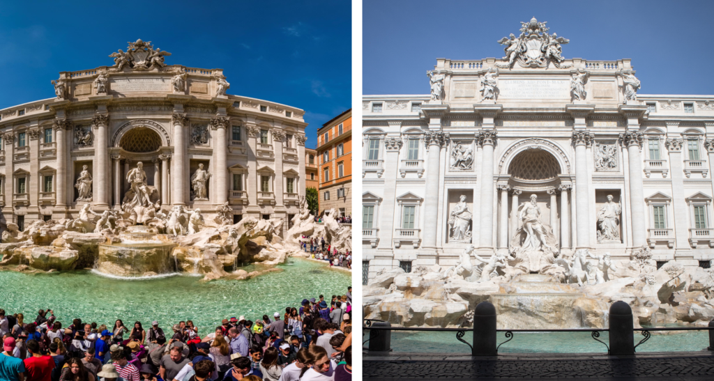 Left, the Trevi Fountain in Rome on April 20, 2019; right, as it stands on March 10, 2020. Photos: Frank Bienewald/LightRocket/Getty Images & Andrea Pirri/NurPhoto/Getty Images.