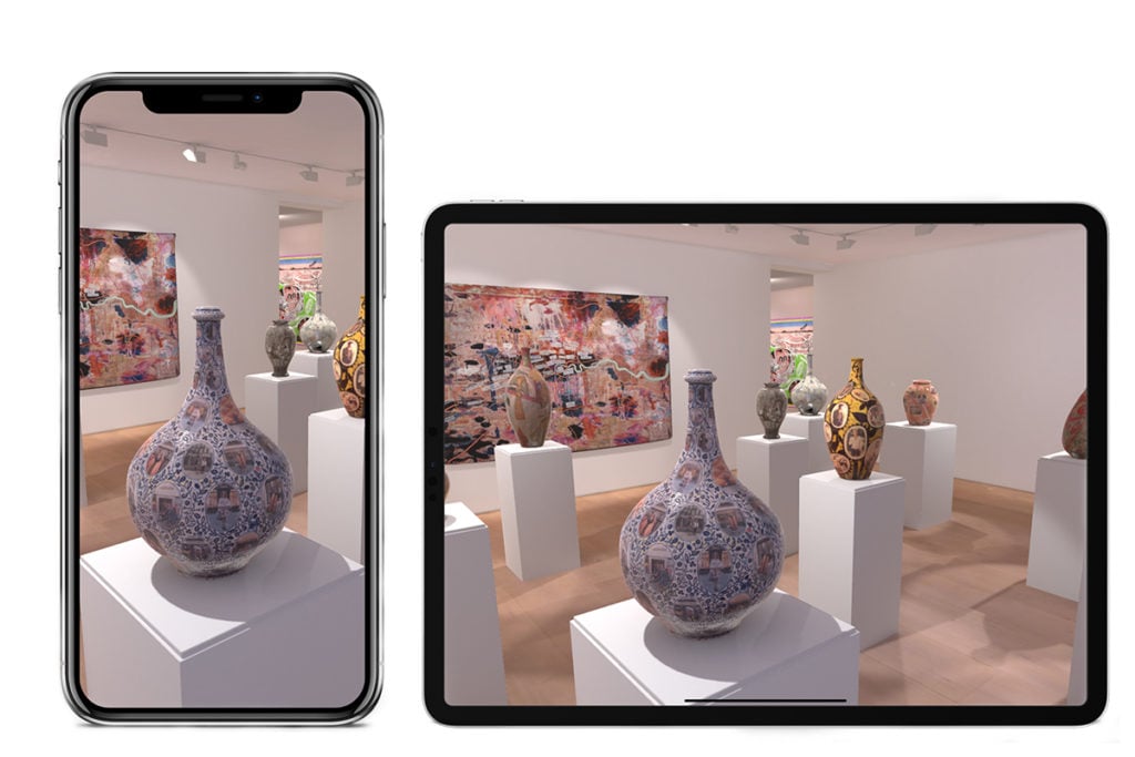 A mockup of the Vortic Curate App showing a VR representation or Grayson Perry's exhibition Super Rich Interior Decoration at Victoria Miro. All works © Grayson Perry, courtesy Victoria Miro.