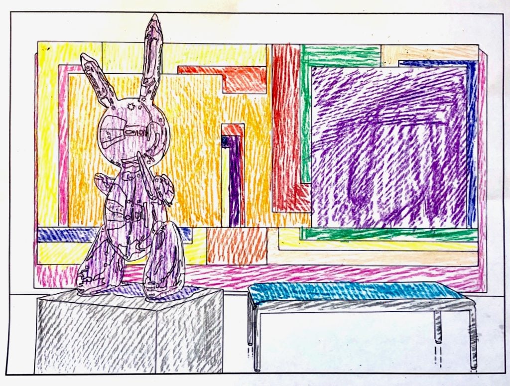 Hailey does a page of the Museum of Modern Art's Louise Lawler coloring book.
