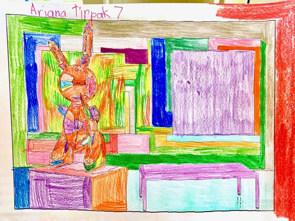 Ariana, 7, does a page of the Museum of Modern Art's Louise Lawler coloring book.