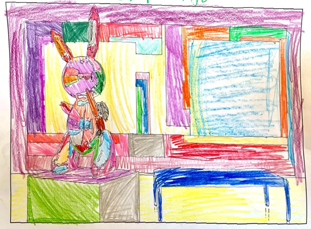 Skylar, 9, does a page of the Museum of Modern Art's Louise Lawler coloring book.