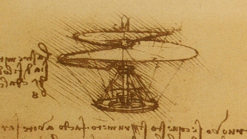 Leonardo da Vinci's aerial screw design, from folio 83-verso of the Paris Manuscript B. Collection of the Institut de France.