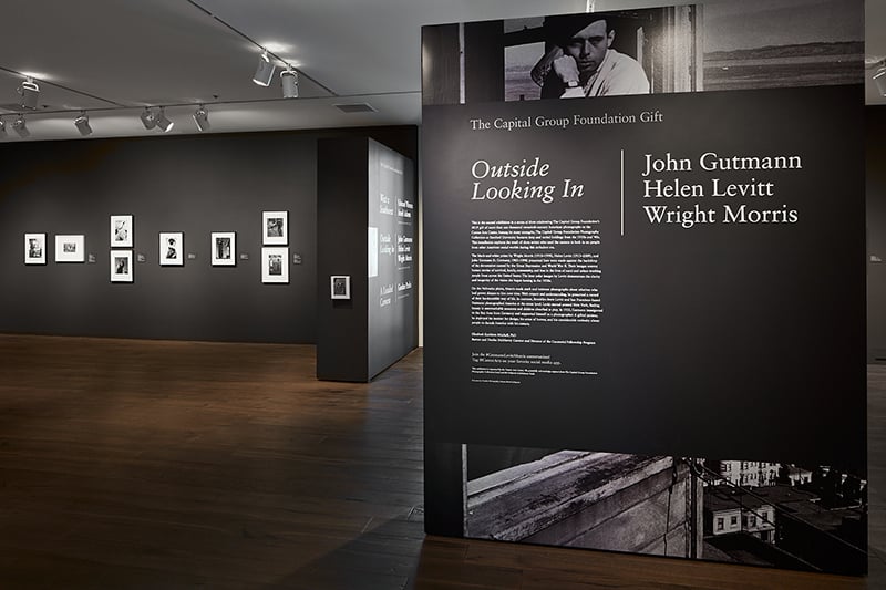 Installation view of "Outside Looking In: John Gutmann, Helen Levitt, and Wright Morris" at Cantor Arts Center, Stanford University. 