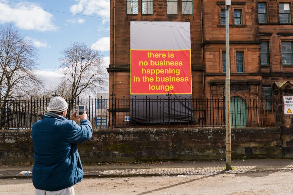 Nora Turato, <i>There is no business in the business lounge</i>(2020). Intervention part of the show “Too Much”, Glasgow International Across The City Programme 2021. Courtesy the artist and Understate Project Ltd. Photography by Daniel Cook.