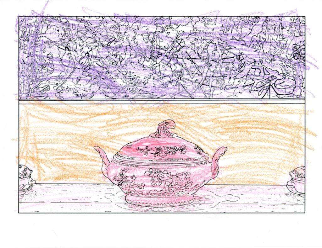 Allie, age 5, does a page of the Museum of Modern Art's Louise Lawler coloring book.