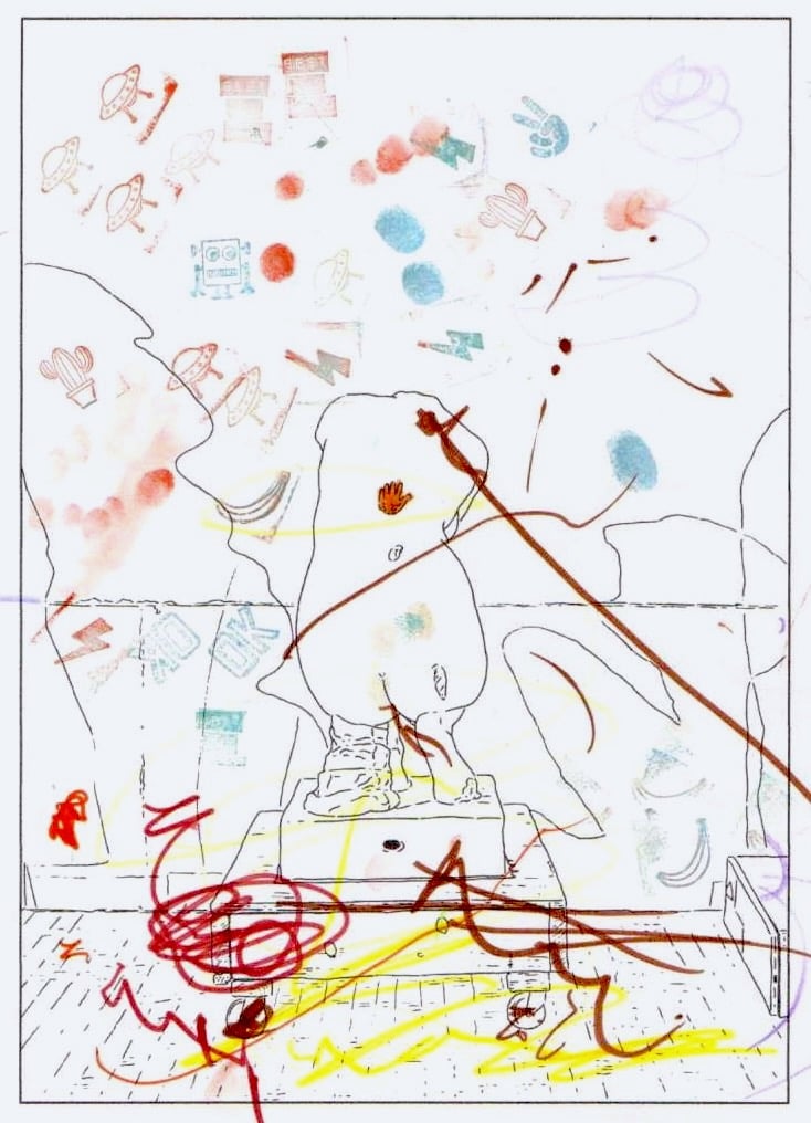 Ava, 2, does a page from MoMA's Louise Lawler coloring book.