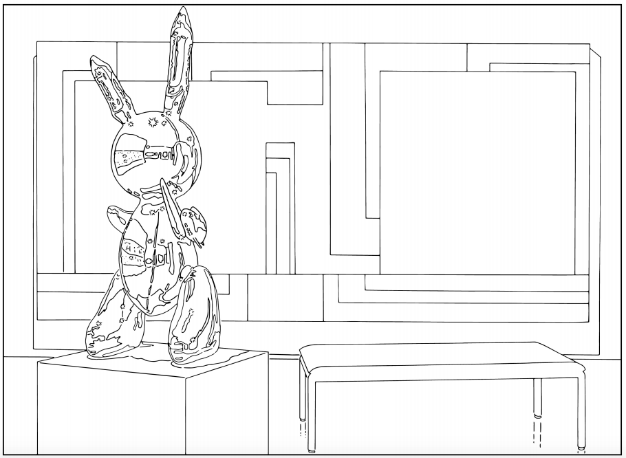 Coloring book version of Louise Lawler's <em>(Bunny) Sculpture and Painting</em> (1999).