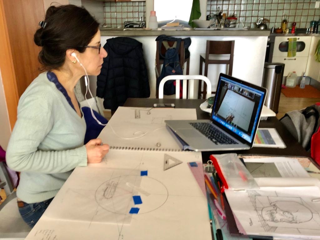 New York Academy of Art student Dena Sturm doing classwork over Zoom. Photo courtesy of the artist. 