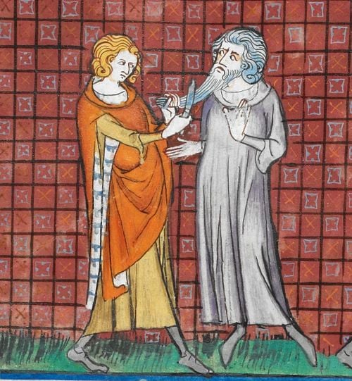 Detail of a miniature of Dagobert cutting his tutor's beard, from the <em>Grandes Chroniques de France</em>(1332-1350).