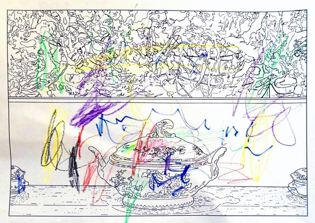 Ariana, age 3, does a page of the Museum of Modern Art's Louise Lawler coloring book.