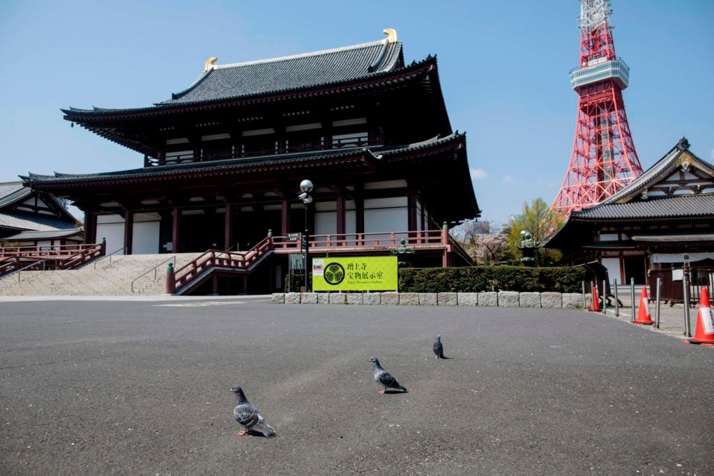 Pigeons wander at the grounds of the empty Zozoji Buddhist temple near the landmark Tokyo Tower in April 2020. (Photo by BEHROUZ MEHRI/AFP via Getty Images)
