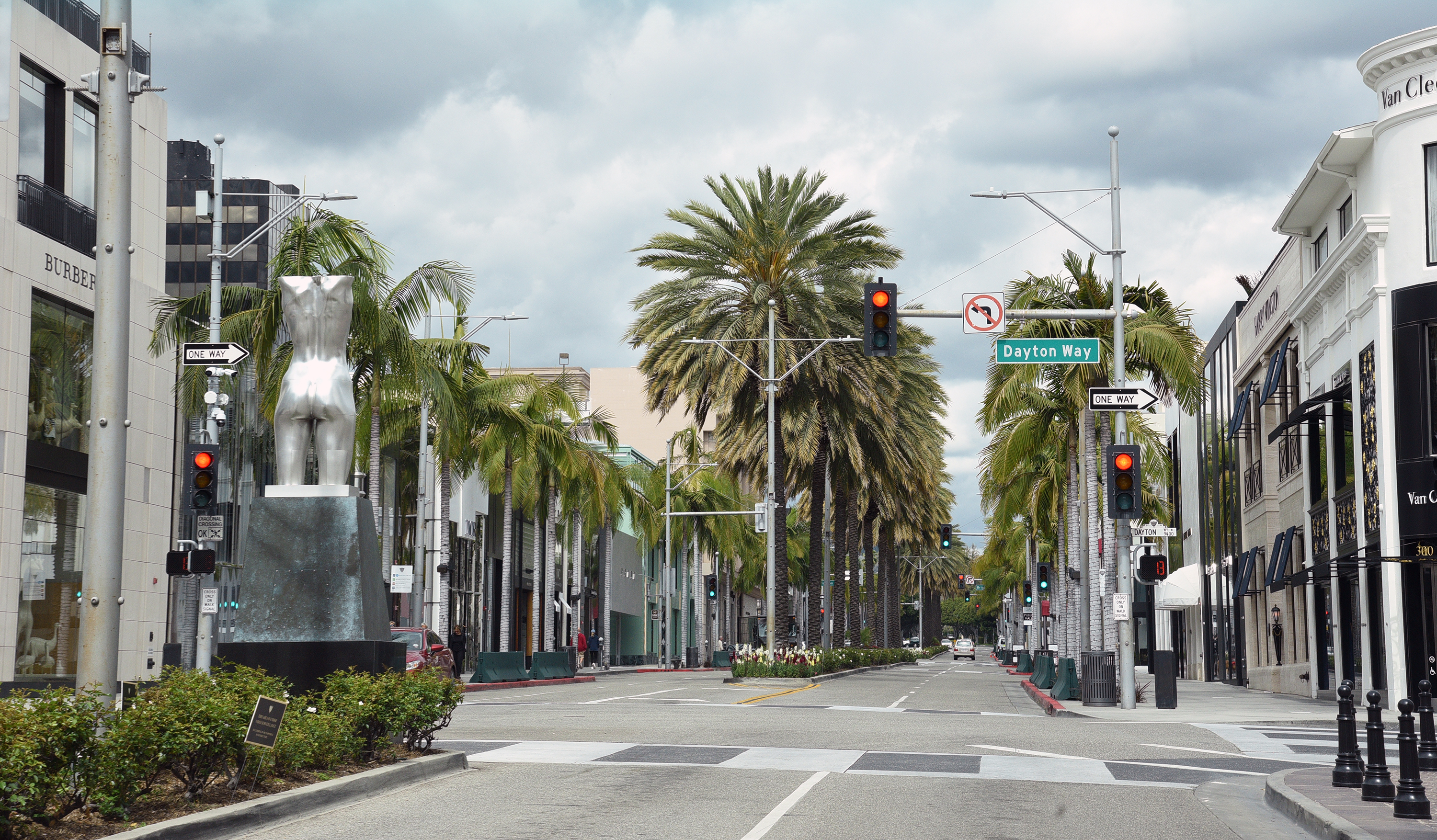 Rodeo Drive in Beverly Hills is void of vehicles and groups of people, the day after California Governor Gavin Newsom directed all Californians to stay at home and maintain safe distances from each other amid Coronavirus worldwide outbreak, March 20, 2020 in Beverly Hills, California. (Photo by Bob Riha, Jr./Getty Images)