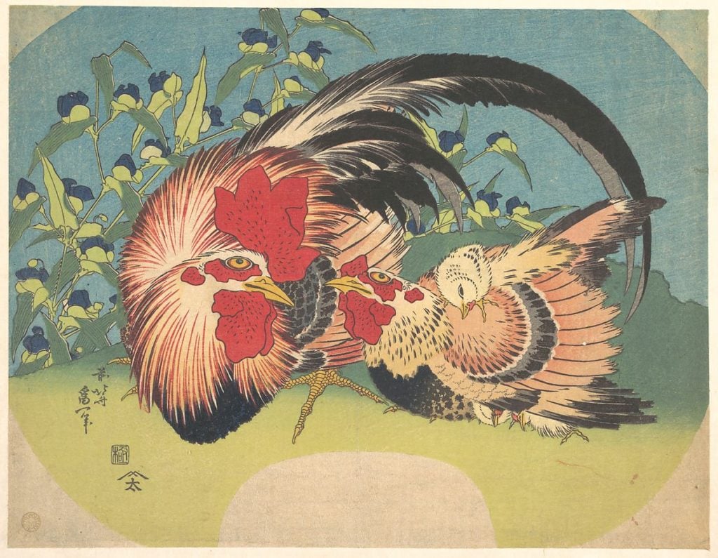 Katsushika Hokusai, <em>Rooster, Hen and Chicken with Spiderwort</em> (ca. 1830–33). Image courtesy Metropolitan Museum of Art.