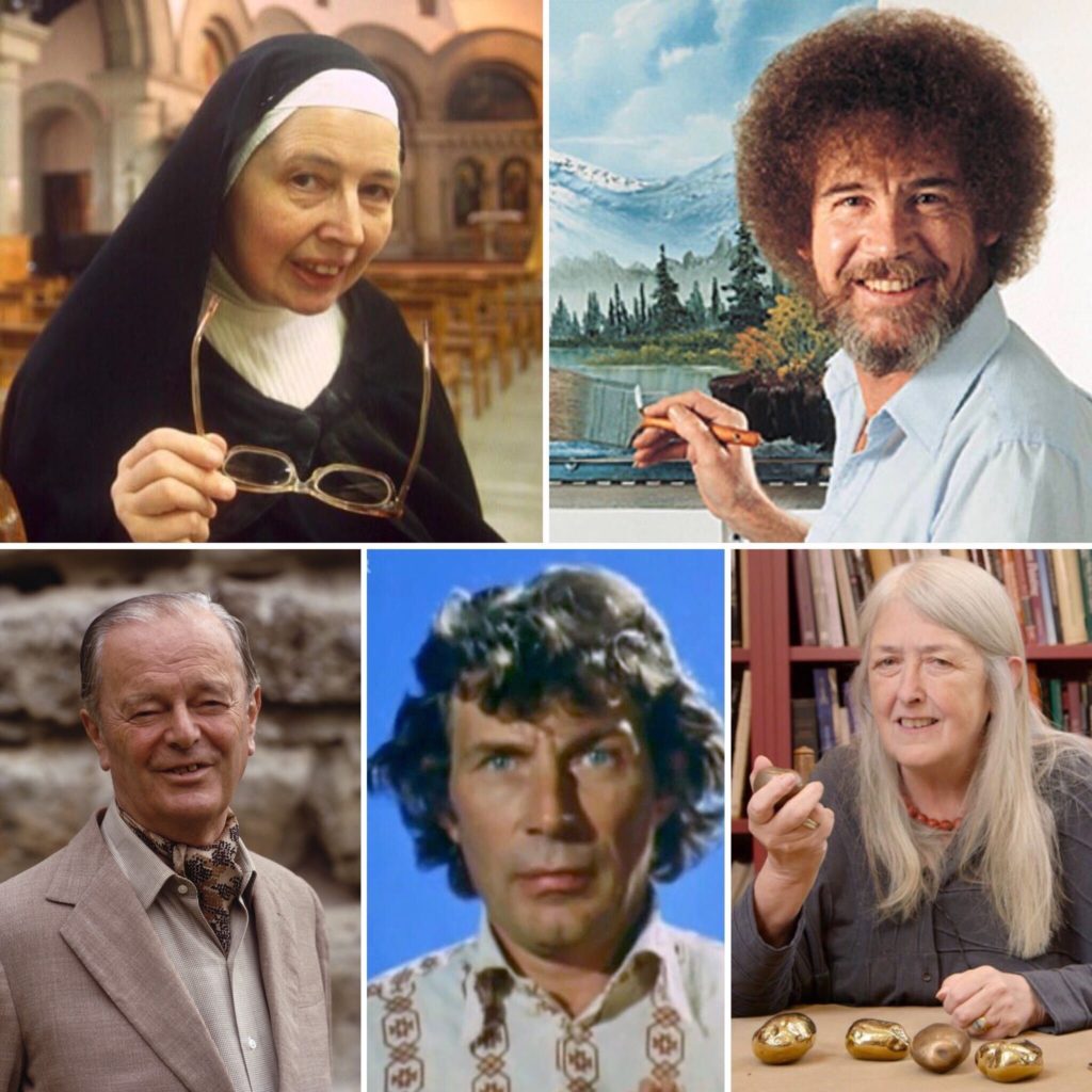 Clockwise, Sister Wendy Beckett, Bob Ross, Mary Beard, John Berger, and Kenneth Clark. Courtesy Getty Images.