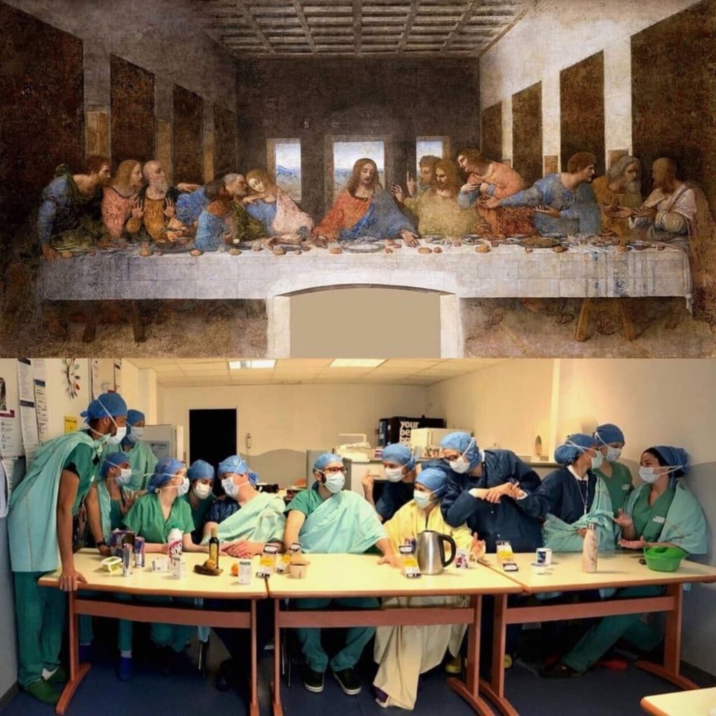Healthcare workers at Hopital La Pitié Salpêtrière in Paris recreate The Last Supper, courtesy of Instagram.