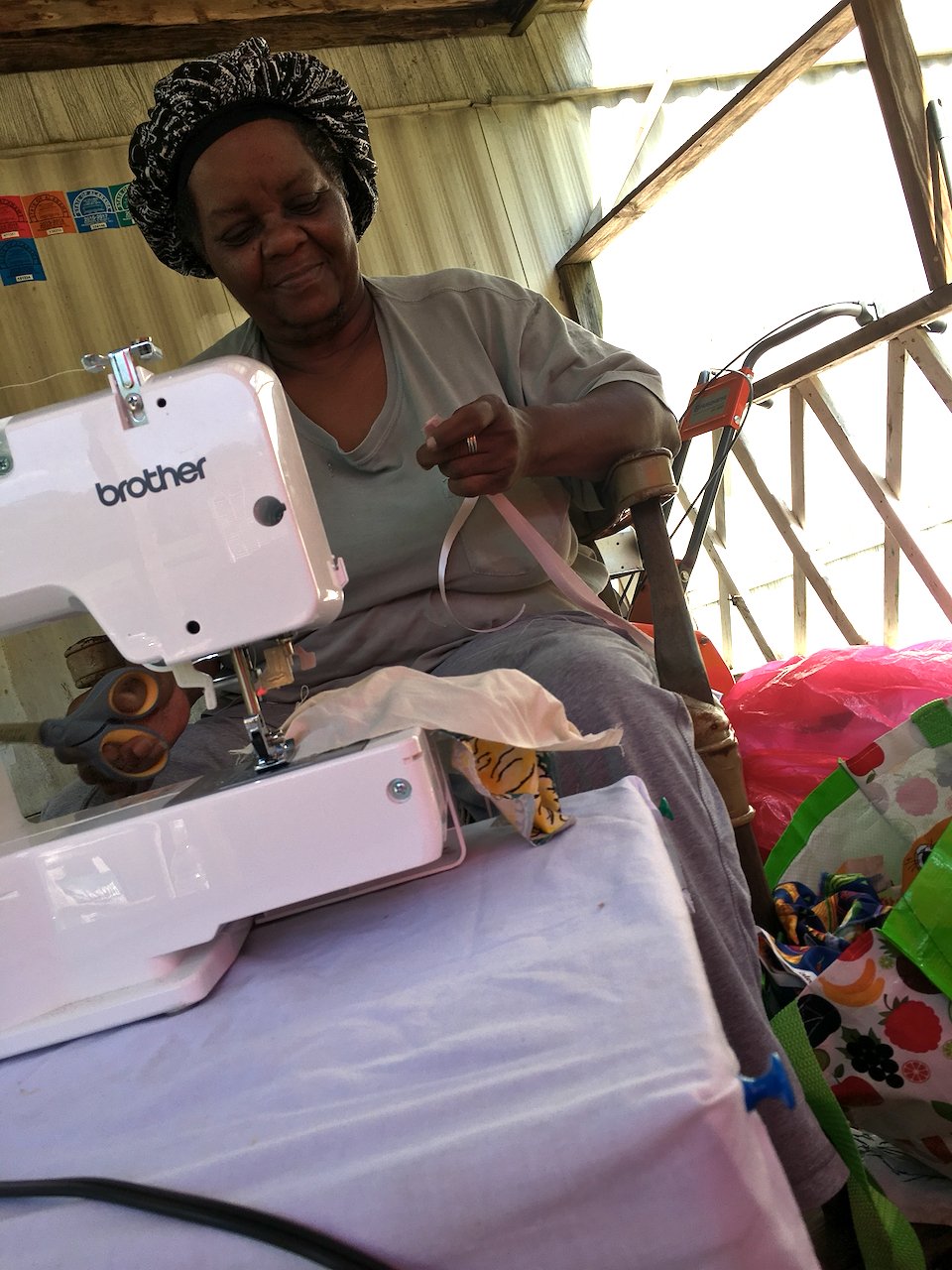 Mary Margaret Pettway, the board chair of the Souls Grown Deep Foundation, making masks. Photo: Kyle Pettway.