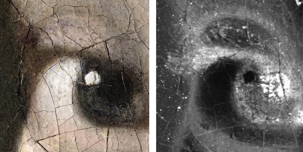 Left: 3-D digital microphotograph of the Girl’s right eye. Image courtesy Hirox Europe, Jyfel. Right: The macro-X-ray fluorescence (MA-XRF) map for iron (Fe) shows that Vermeer painted eyelashes using a brown paint. Both images shown at 140x magnification. Image courtesy of Annelies van Loon, Mauritshuis/Rijksmuseum.