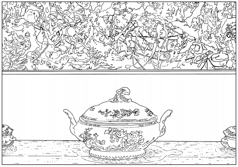 Coloring book version of Louise Lawler's <em>Pollock and Tureen, Arranged by Mr. and Mrs. Burton Tremaine, Connecticut</em> (1984).