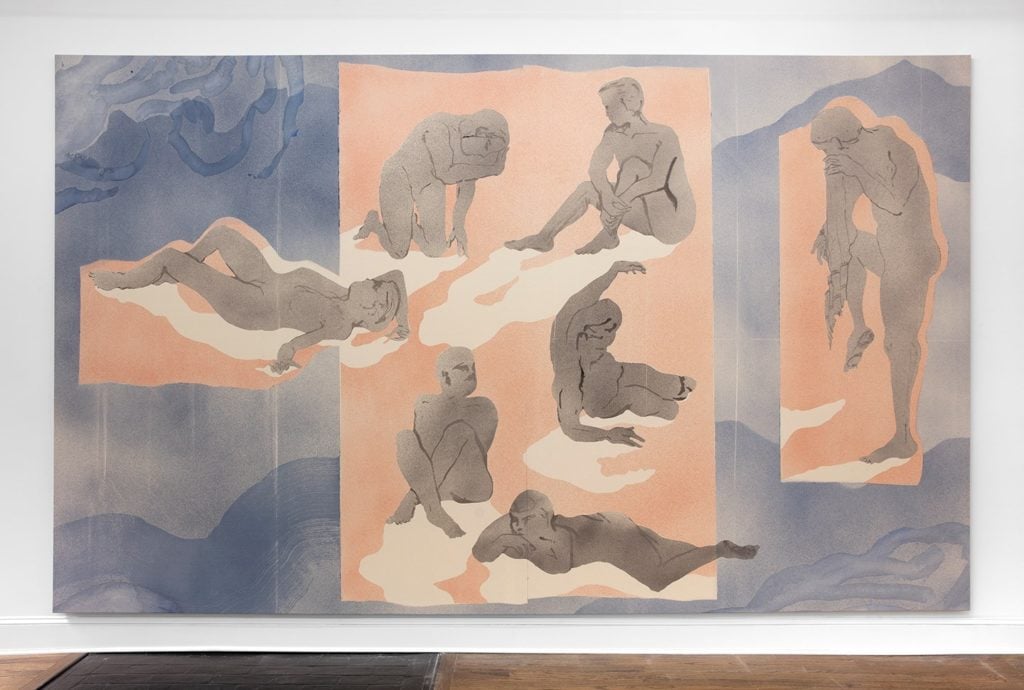 Matthew Lutz-Kinoy, Six bathers with shadows (2019). Courtesy of Mendes Wood DM.