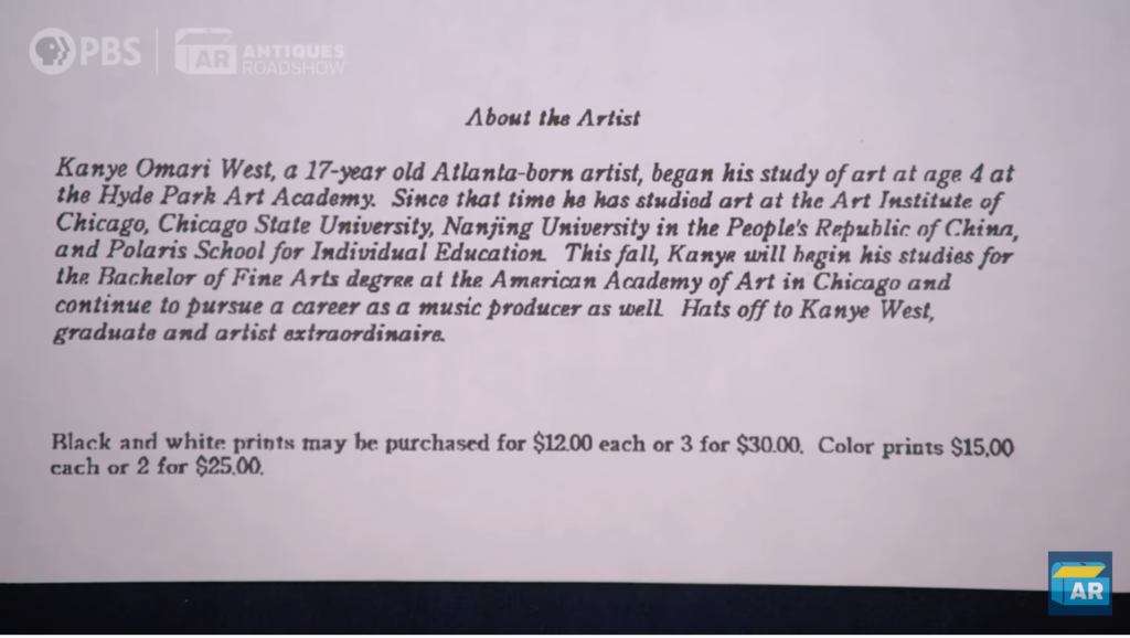 A flyer for a show of Kanye West's high school artwork on <em>Antiques Roadshow</em>. Screenshot. 