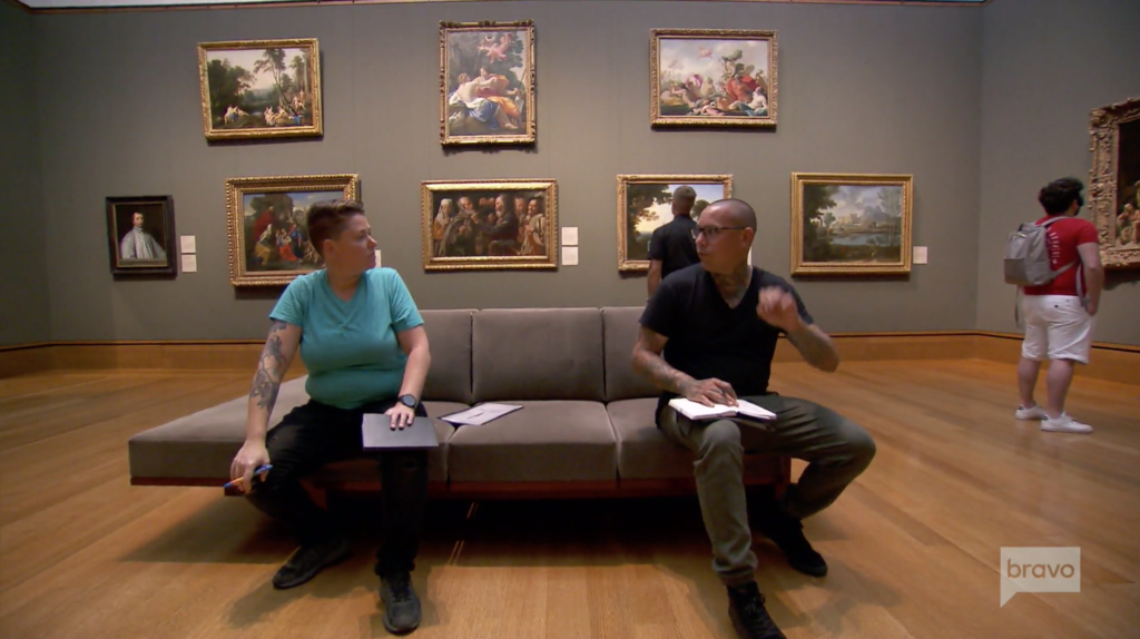 <em>Top Chef: All-Stars LA</em> contestants Lisa Fernandez and Jamie Lynch take in the art at the Getty Center in the episode "Strokes of Genius." Screenshot via Bravo.