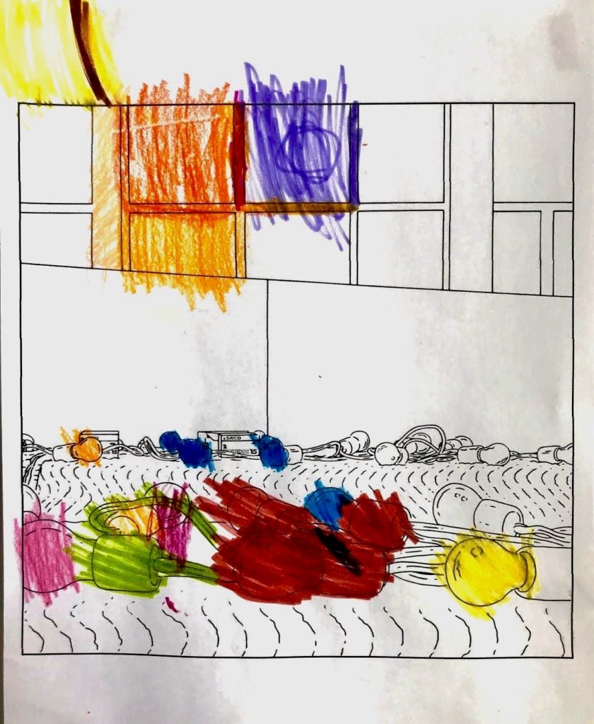 Sienna, 3, does a page from MoMA's Louise Lawler coloring book. 
