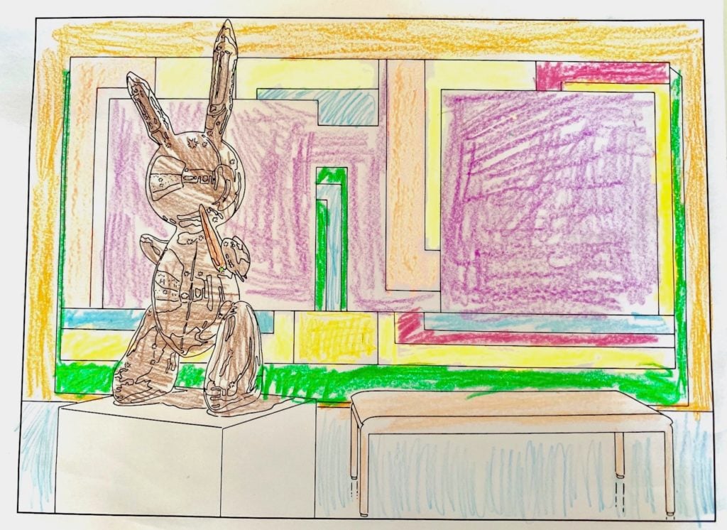 John, 8, does a page from MoMA's Louise Lawler coloring book. 