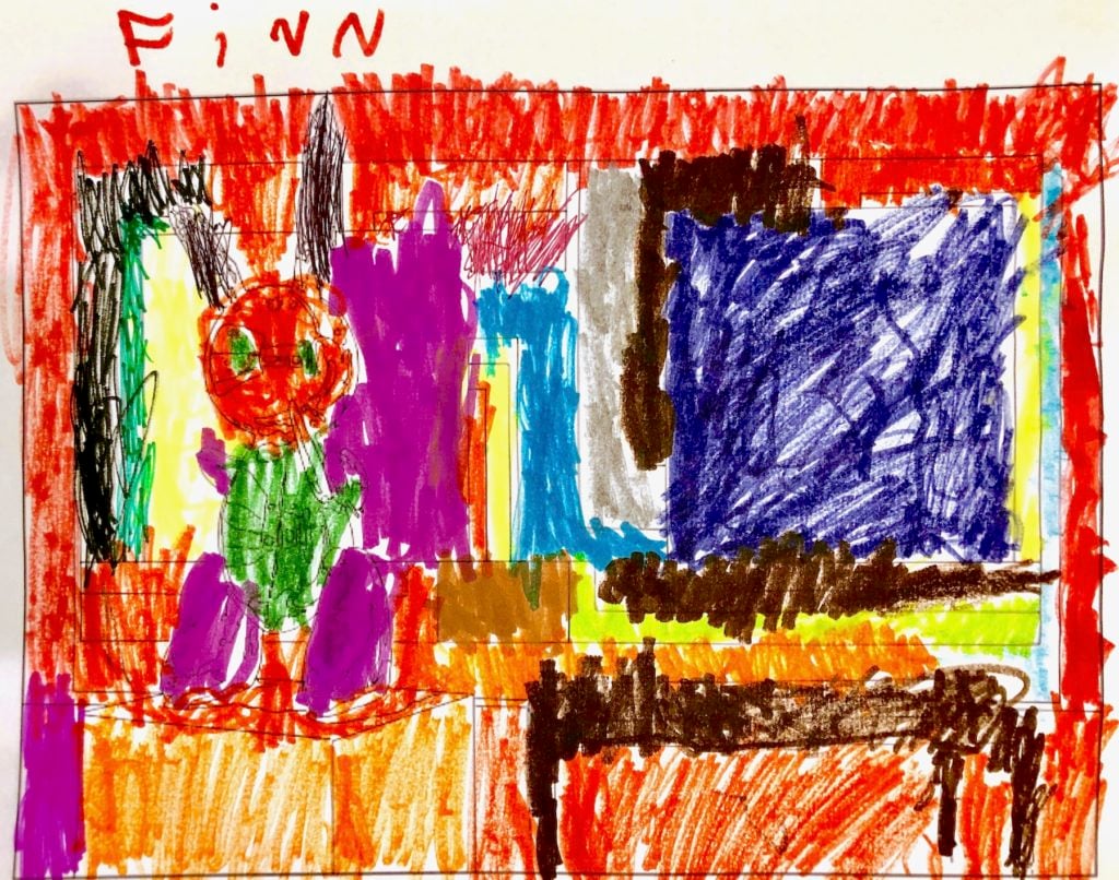 Finn, 5, does a page from MoMA's Louise Lawler coloring book.