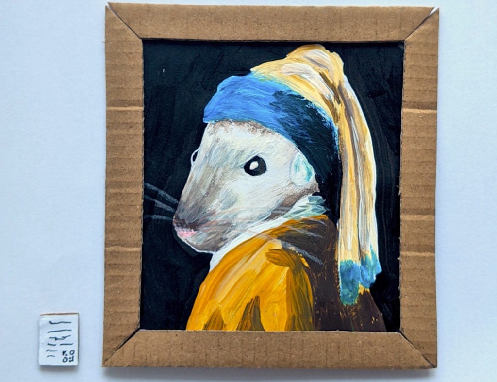 This adorable "Gerbil With a Peal Earring," inspired by the famed Johannes Vermeer painting, was created by Filippo Lorenzin and Marianna Benetti for the Gerbil Art Gallery. Photo courtesy of the artists.