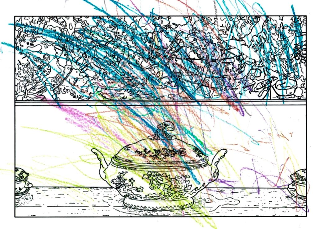 James, age 2, does a page of the Museum of Modern Art's Louise Lawler coloring book.