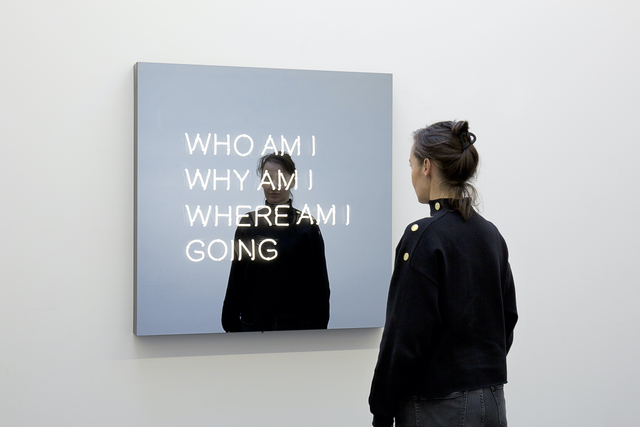 Jeppe Hein’s WHO AM I WHY AM I WHERE AM I GOING (2017). Courtesy of Tang Contemporary Art.