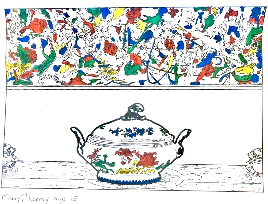 Mary, 15, does a page from MoMA's Louise Lawler coloring book.