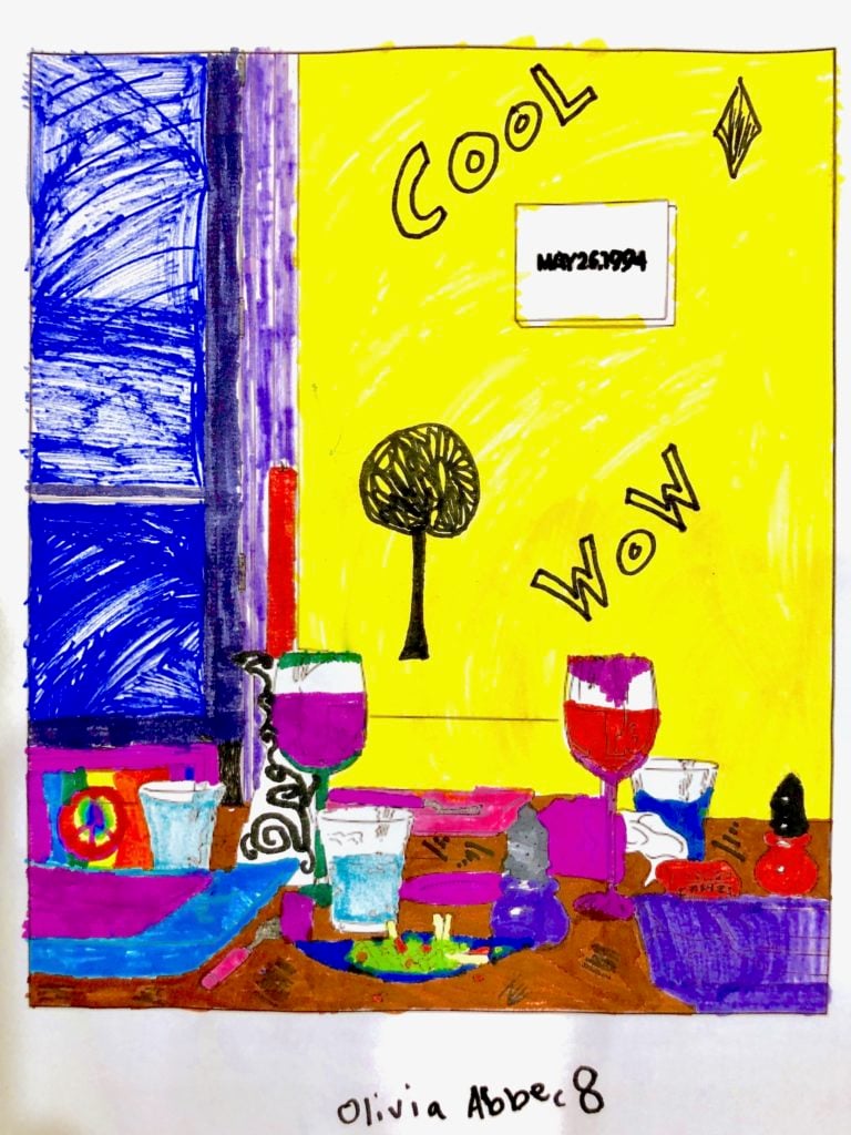 Olivia, 8, does a page from MoMA's Louise Lawler coloring book.
