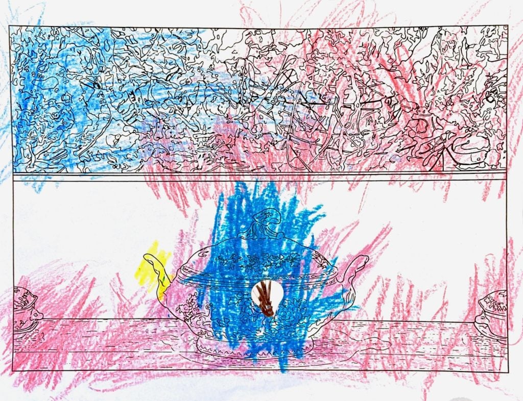 Ruby, age 4, does a page of the Museum of Modern Art's Louise Lawler coloring book.
