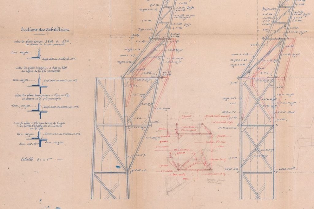 This engineering drawing of <em>The Statue of Liberty</em> by Frédéric Auguste Bartholdi shows changes to Gustave Eiffel's design. Courtesy of Barry Lawrence Ruderman Antique Maps.