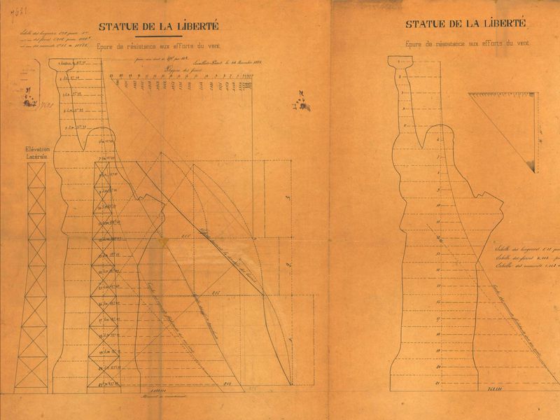 One of Gustave Eiffel's drawings for <em>The Statue of Liberty</em> by Frédéric Auguste Bartholdi. Courtesy of Barry Lawrence Ruderman Antique Maps.