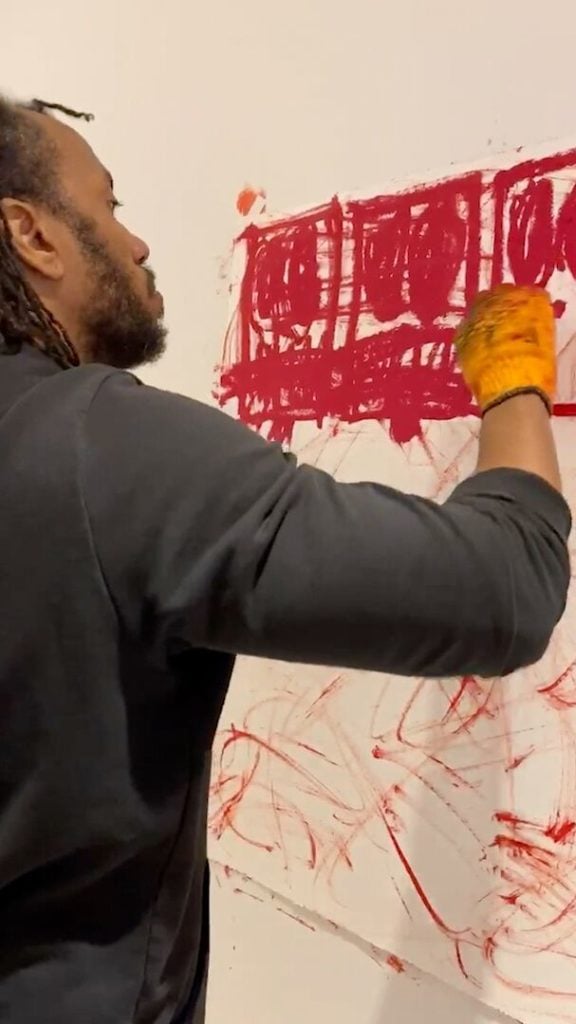 Rashid Johnson working on an Untitled Anxious Red Drawing (2020). Courtesy of the artist and Hauser & Wirth.