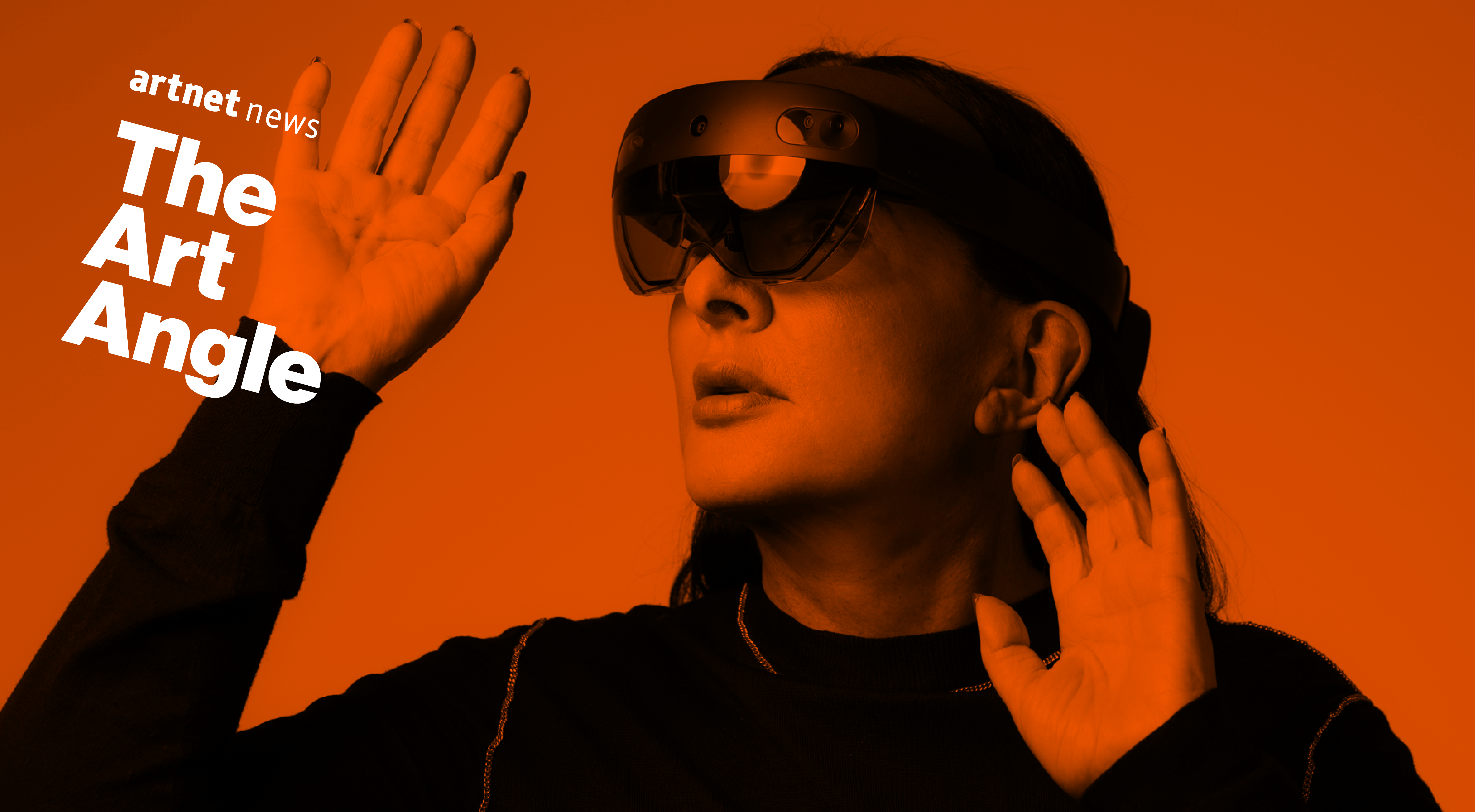 Marina Abramović modeling the Microsoft Hololens AR glasses. Image courtesy of the Art Angle.