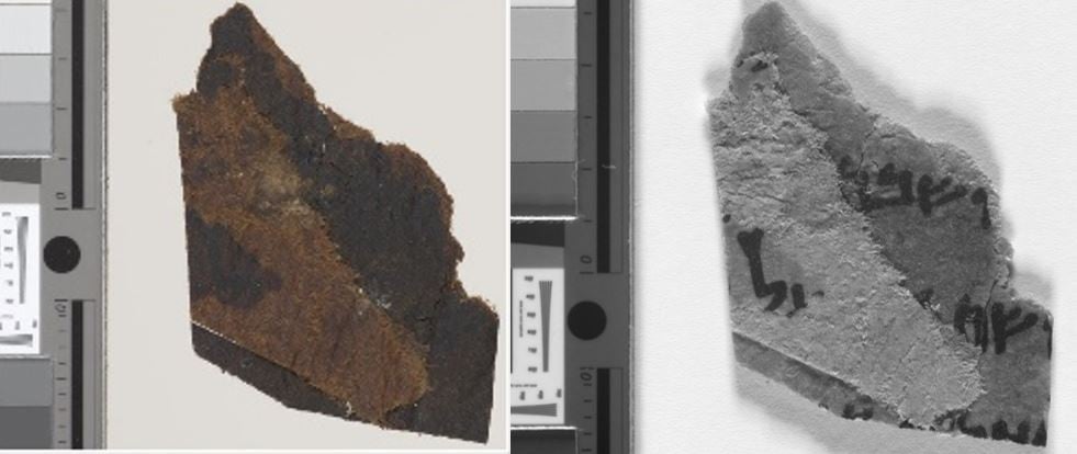 The hidden text on one of the University of Manchester's Dead Sea Scroll fragments as revealed through manification on the left and multispectral imaging on the right. Photo courtesy of the University of Manchester.