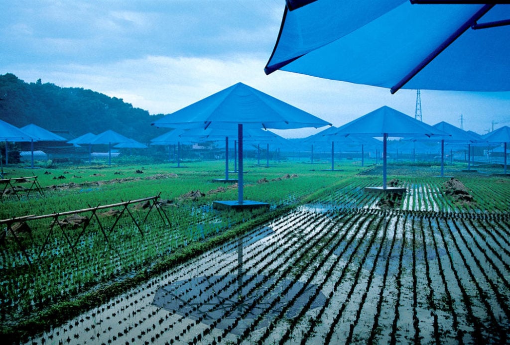 Christo e Jeanne-Claude, Os guarda-chuvas (1984-91), Japão / EUA. Foto de Wolfgang Volz, © 1991 Christo.