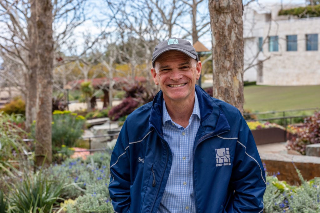 Brian Houck, head of grounds and gardens, in the Central Garden at the Getty Center, April 2020. Photo by Christopher Sprinkle, courtesy of the Getty Museum.