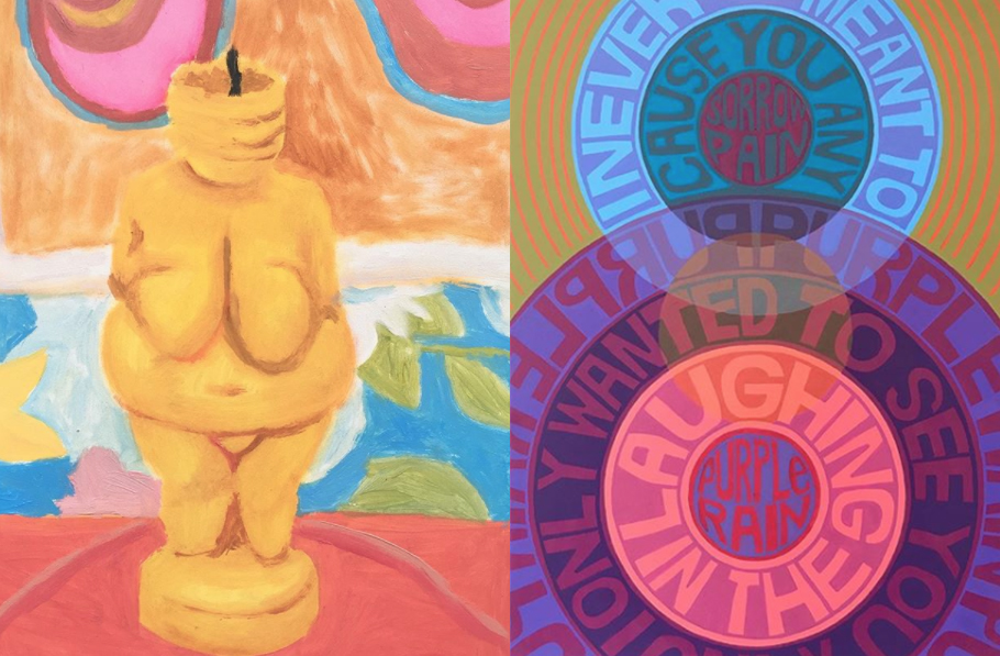 Clarity Haynes, Venus Altar Detail (study) (2020, left) and Erik Den Breejen, Purple Rain (After Prince) (2020). Courtesy of the artists.